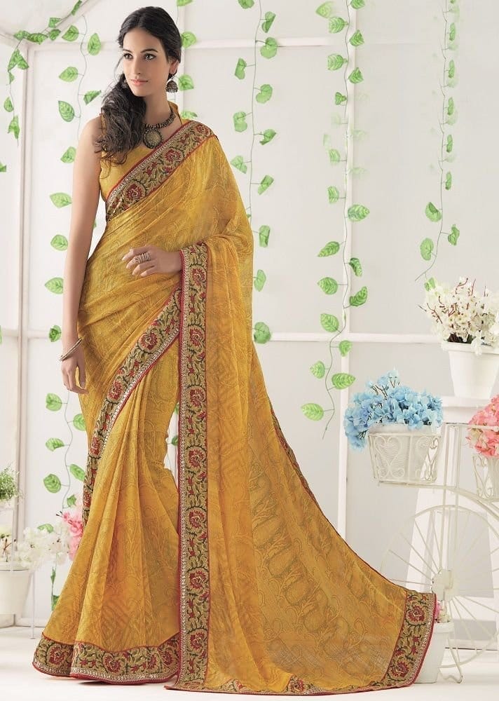 Yellow Color Chiffon Printed Saree With Attached Border And Blouse Piece - Sarees | Buy online on ZillyBuy