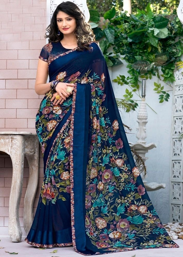Blue Color Floral Print Georgette Saree With Border And Blouse Piece