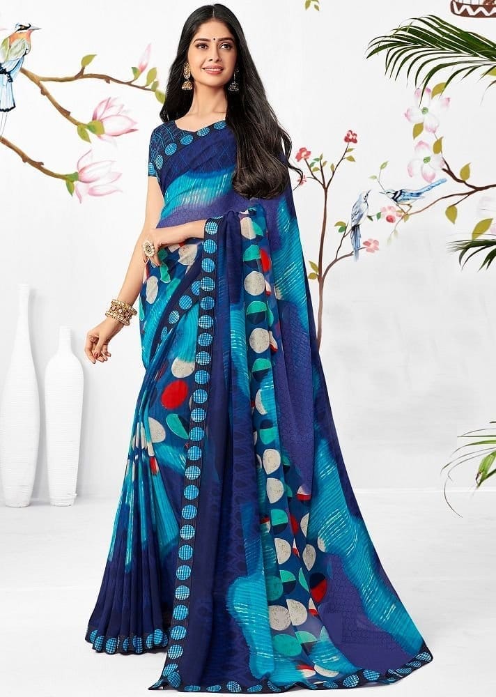 Multicolor Color Georgette Saree With Fancy Border And Raw Silk Blouse Piece - Sarees | Buy online on ZillyBuy
