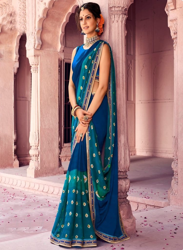 Laxmipati Blue Tye N Dye Printed Faux Chiffon Saree - Sarees | Buy online on ZillyBuy