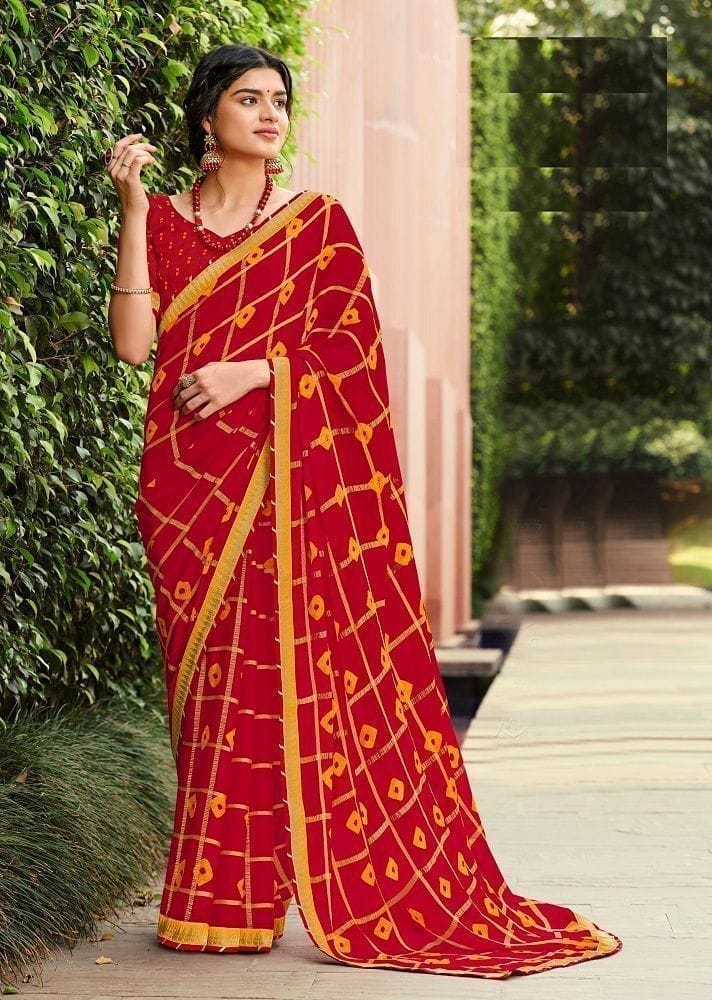 Red Color Checks Foil Print Beautiful Chiffon Saree With Fancy Zari Border And Fancy Printed Blouse Piece