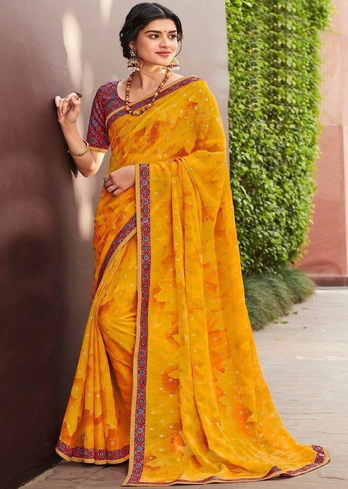 Yellow Color Embroidery Chiffon Saree With Border And Blouse Piece