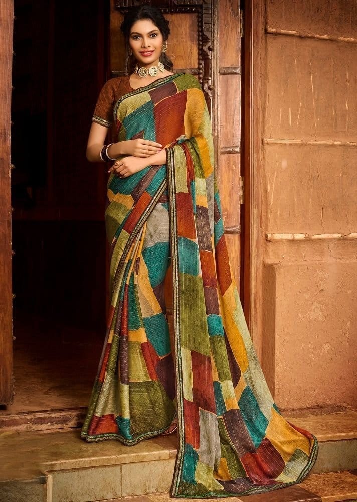 Multicolor Zari Work Chiffon Saree With Fancy Border And Jecquard Blouse Piece - Sarees | Buy online on ZillyBuy