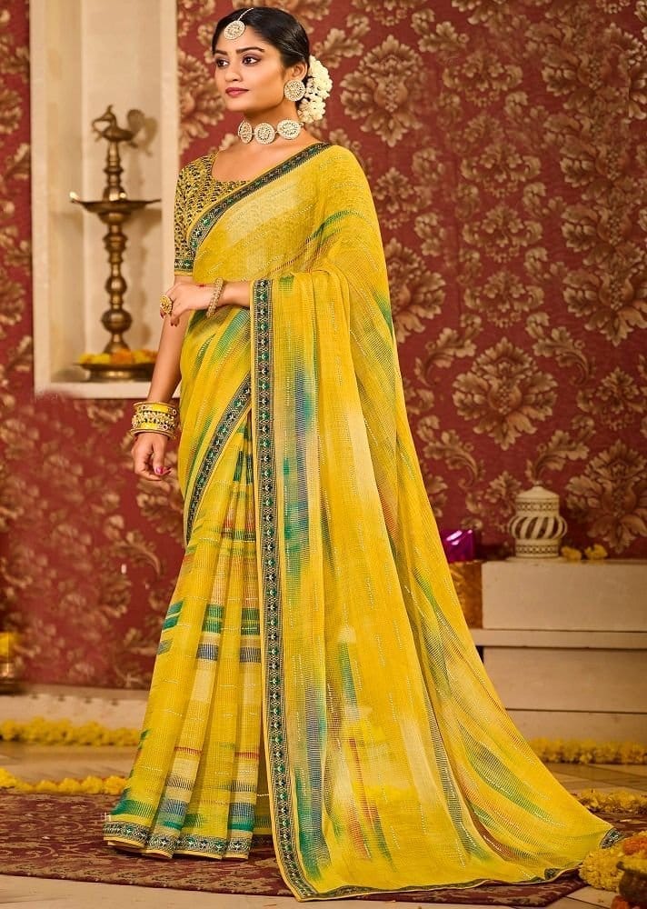 Yellow Color Stone Work Chiffon Saree With Fancy Border And Dupion Silk Blouse Piece