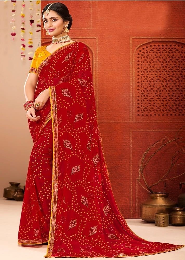 Red Color Stone Work Georgette Saree With Embroidery Border And Embroidery Blouse Piece