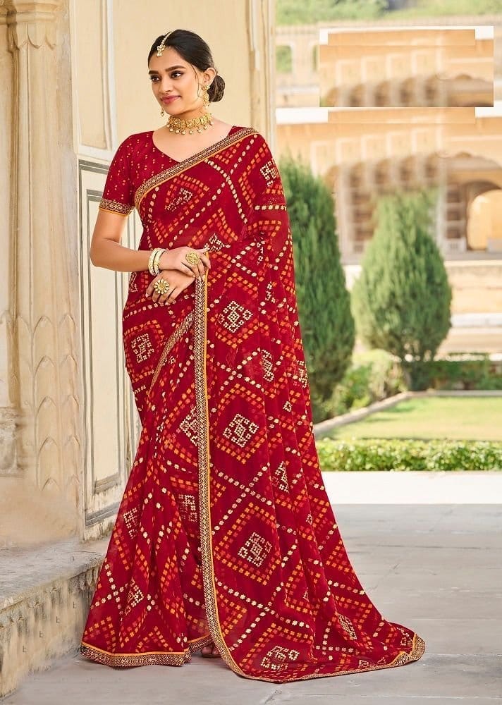 Red Color Chiffon Printed Saree With Embroidery Border And Embroidery Printed Blouse Piece - Sarees | Buy online on ZillyBuy