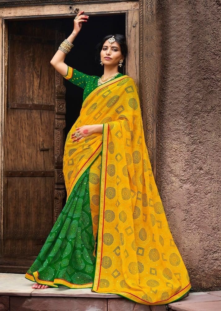 Multicolor Color Stone Work Bandhani Print Chiffon Saree With Zari Work Border And Zari Work Dupion Silk Blouse Piece - Sarees | Buy online on ZillyBuy