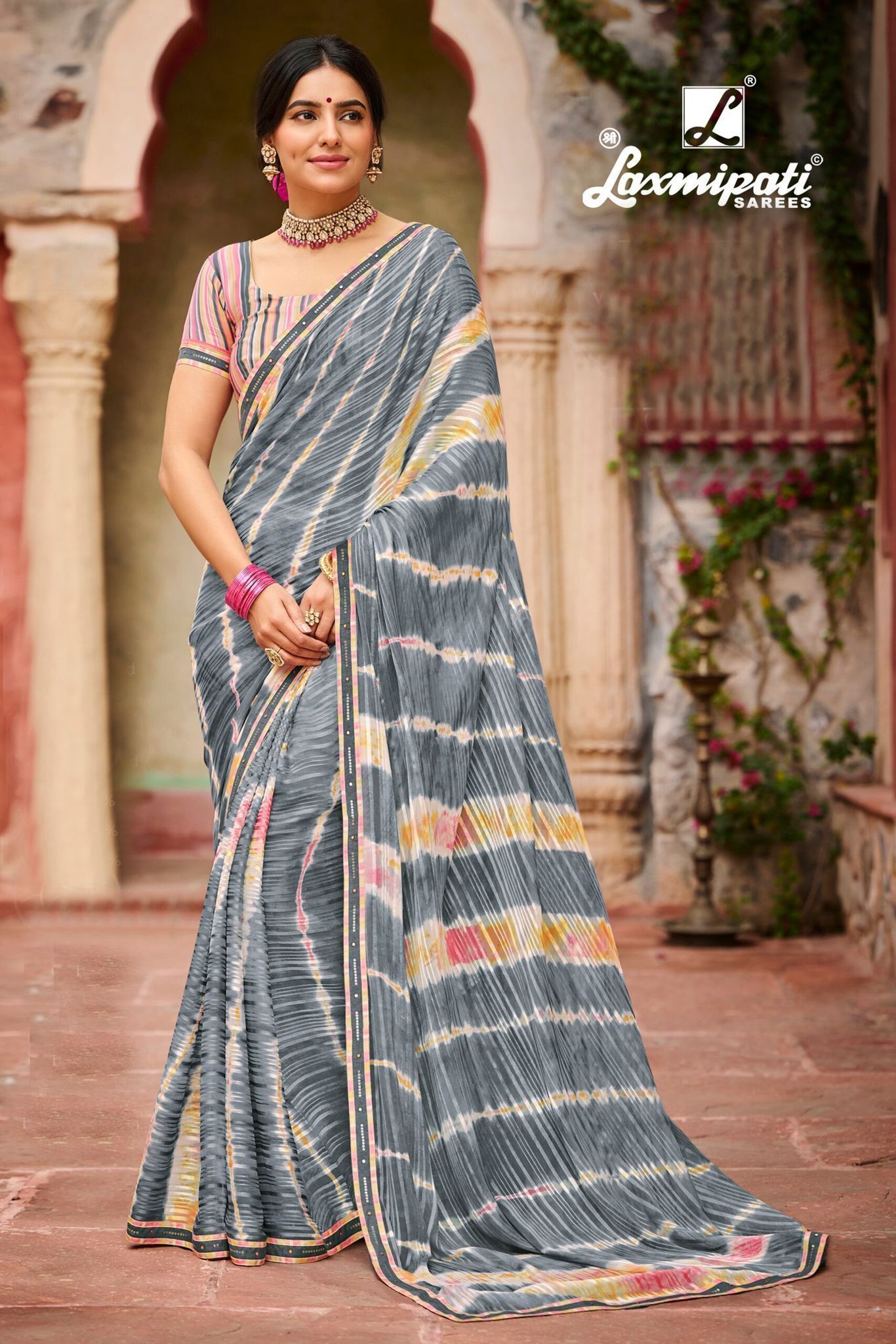 Laxmipati Grey Sibori Print chiffon sarees With Fancy Border And Fancy Blouse Piece