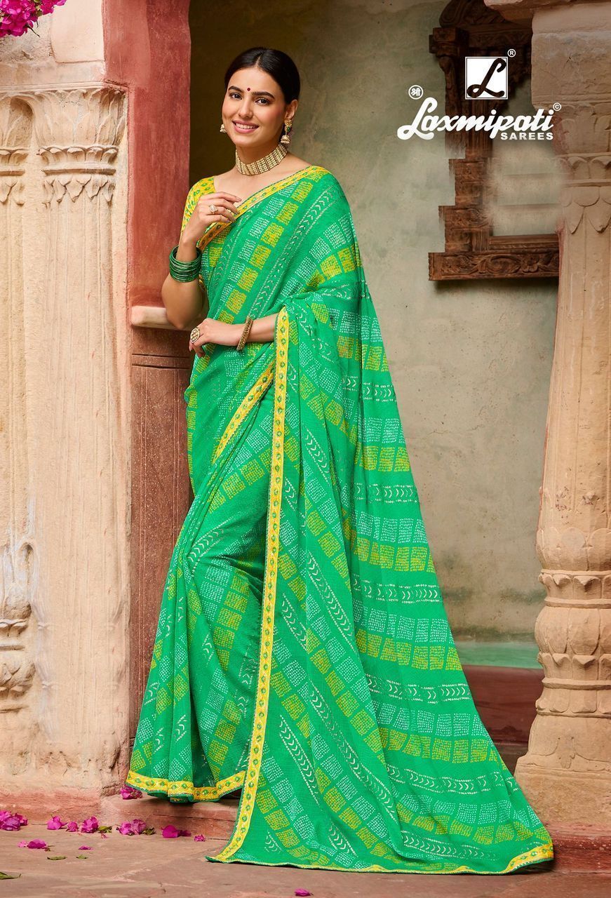 Laxmipati Green Foil Print chiffon sarees With Fancy Border And Fancy Blouse Piece