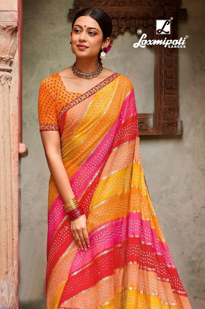 Laxmipati Multicolor Foil Print chiffon sarees With Fancy Border And Fancy Blouse Piece