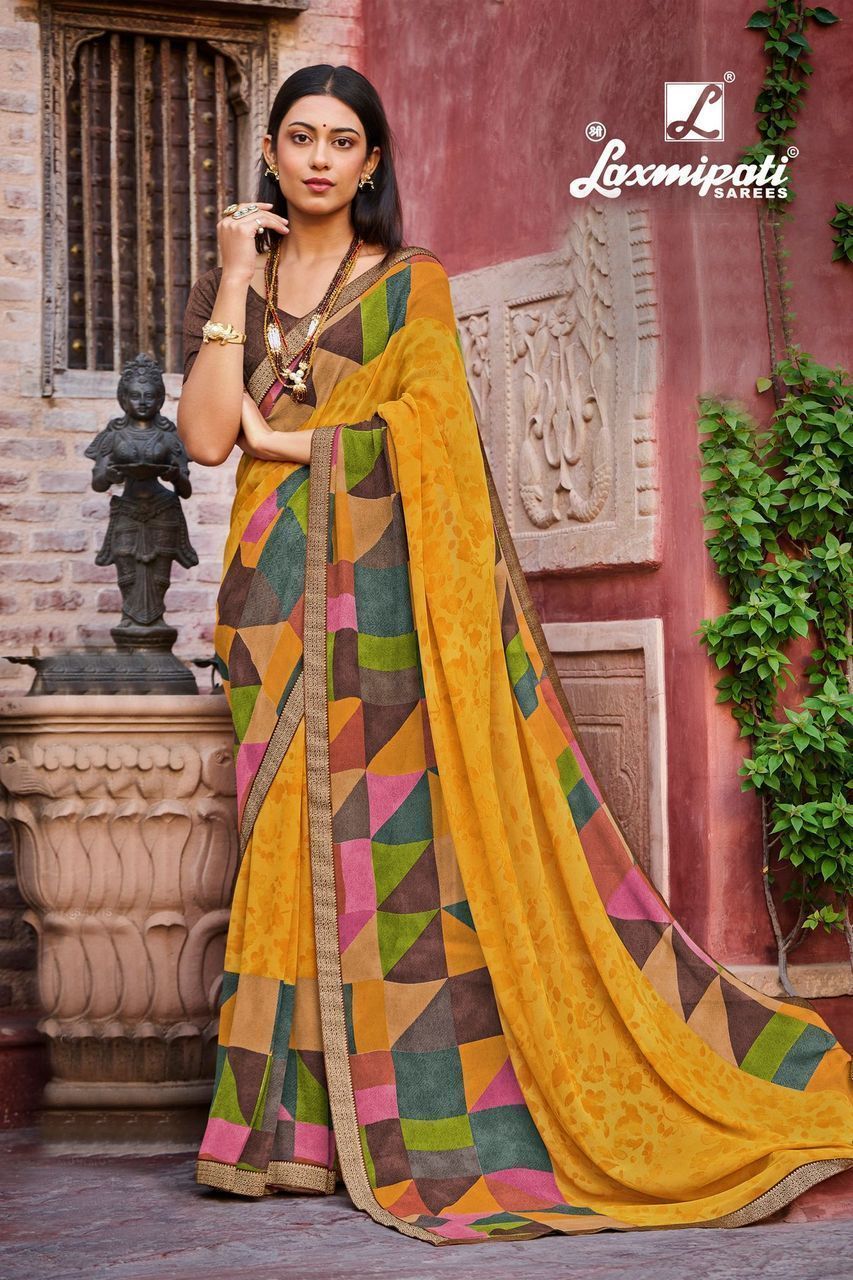 Laxmipati Multicolor Color Georgette Fabric Printed Saree With Fancy Border And Fancy Blouse Piece