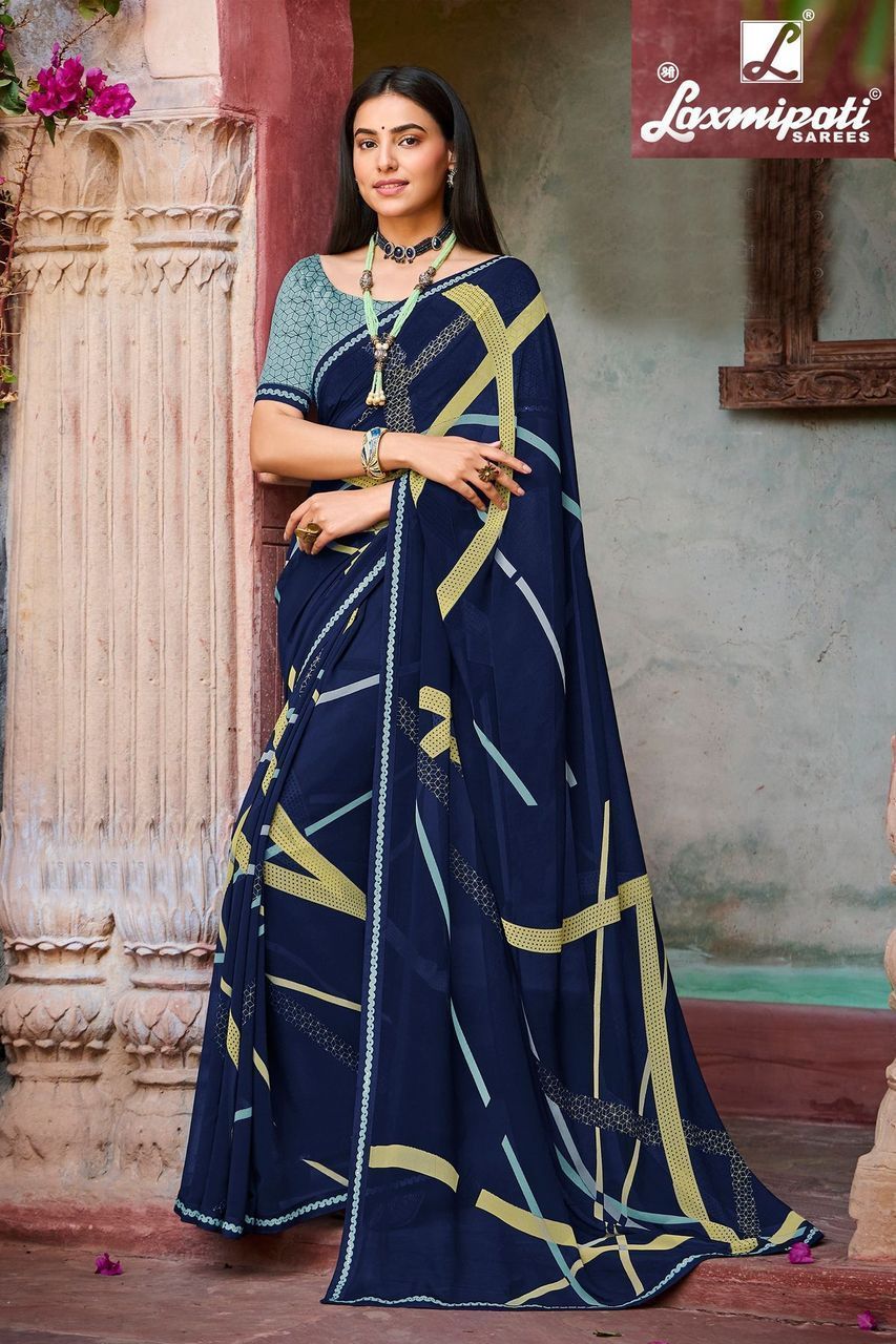 Laxmipati Navy Blue Gerogette Fabric Printed Saree With Fancy Border And Fancy Blouse Piece