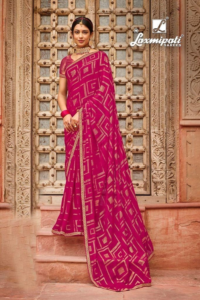 Laxmipati Pink Foil Print chiffon sarees With Fancy Border And Fancy Blouse Piece - Sarees | Buy online on ZillyBuy