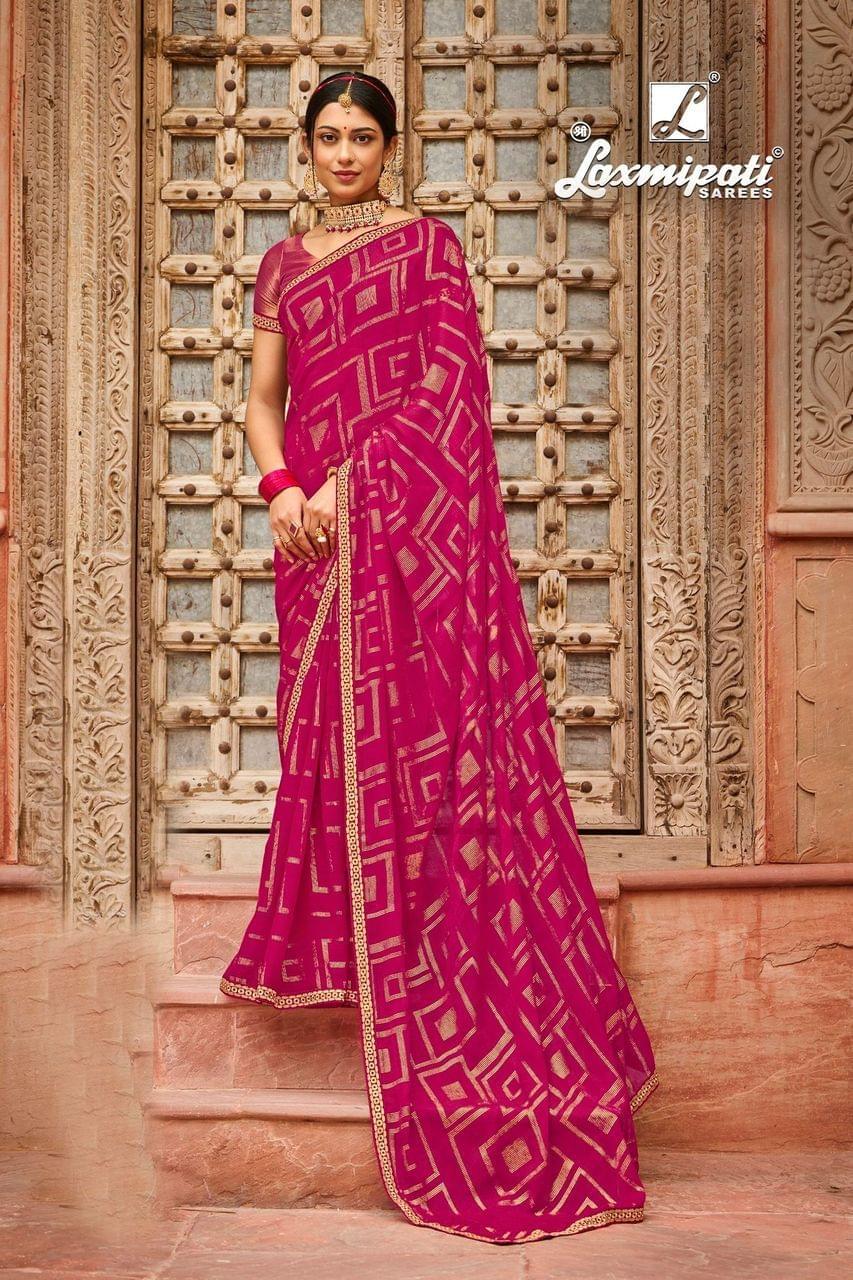 Laxmipati Pink Foil Print chiffon sarees With Fancy Border And Fancy Blouse Piece