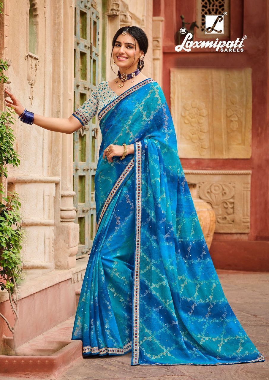 Laxmipati Blue Stone Work Brasso Fabric Printed Saree With Fancy Border And Fancy Blouse Piece