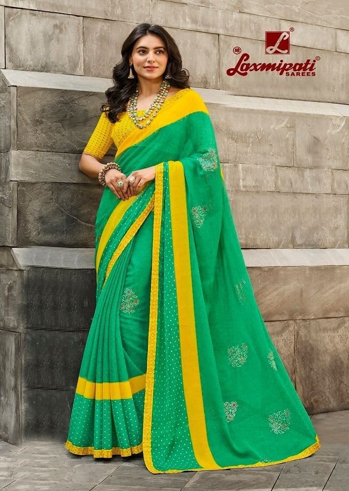 Green Color Foil Print Chiffon Saree With Fancy Border And Fancy Blouse Piece