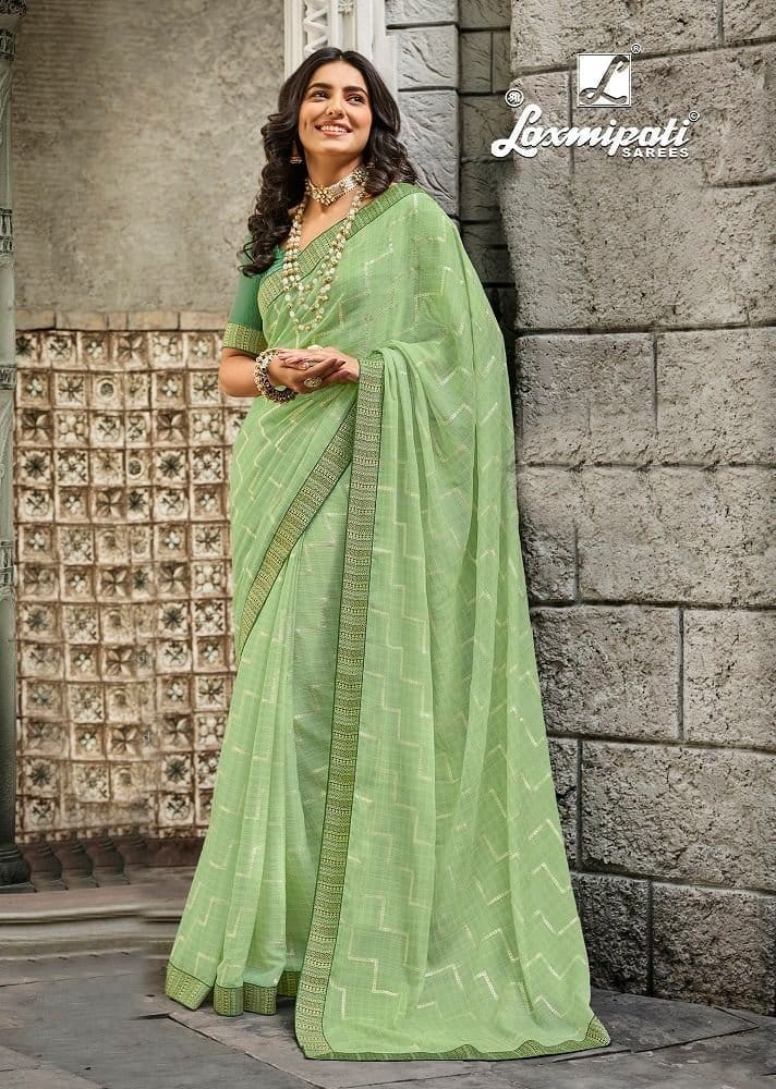 Pista Green Color Foil Print Chiffon Saree With Fancy Border And Fancy Blouse Piece