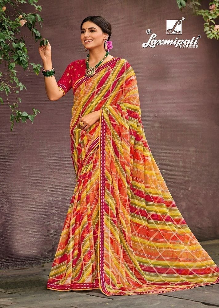 Multicolor Color Checks Chiffon Printed Saree With Fancy Border And Fancy Blouse Piece