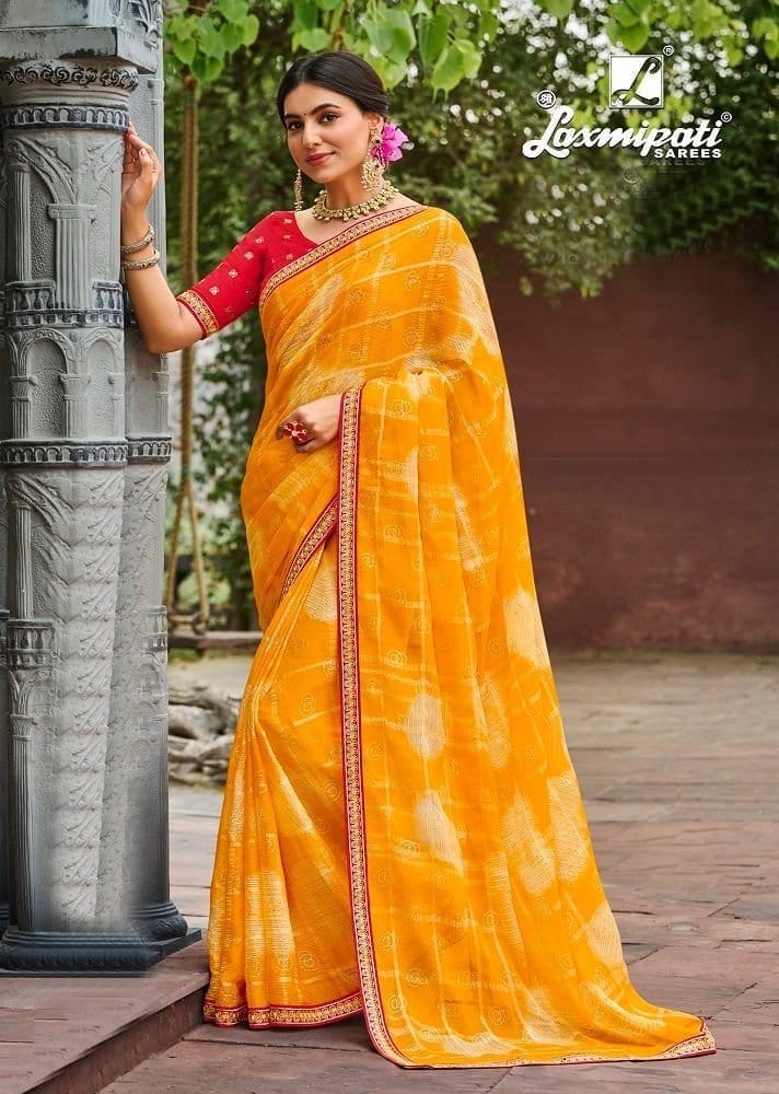 Gold Color Checks Foil Print Chiffon Saree With Fancy Border And Fancy Blouse Piece