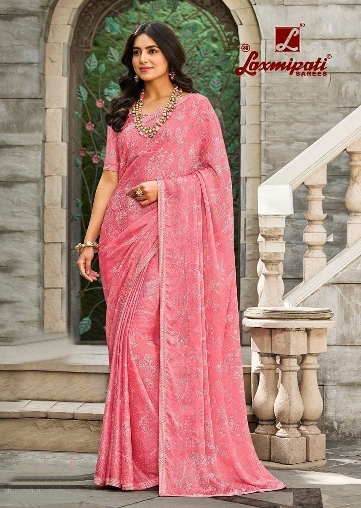 Pink Color Stone Work Silk Chiffon Printed Saree With Fancy Border And Fancy Blouse Piece