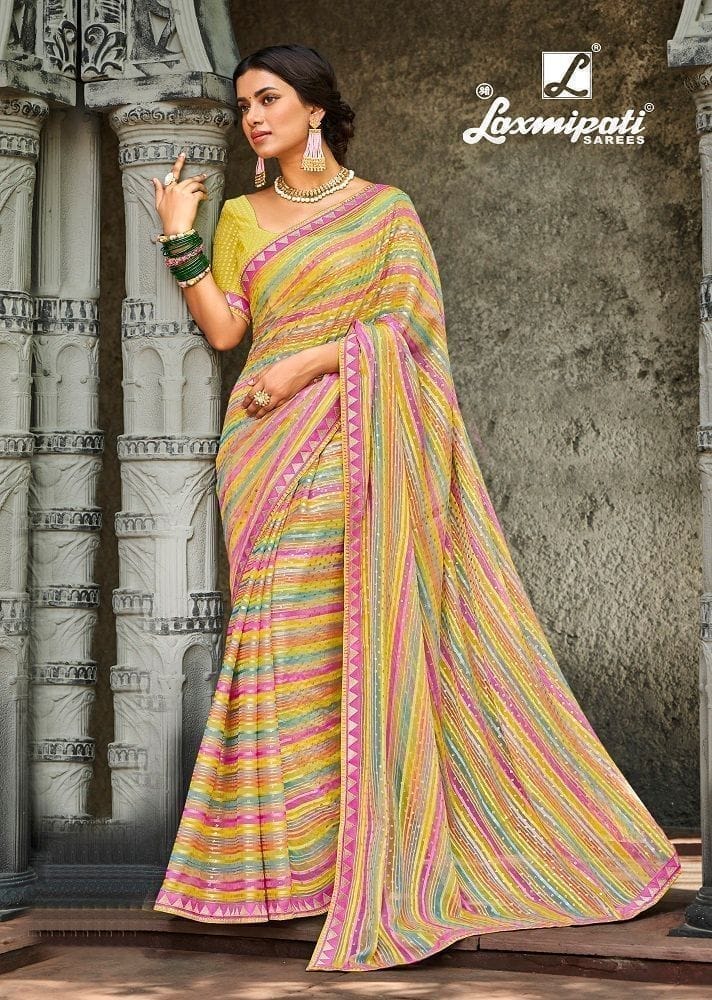 Multicolor Color Foil Print Georgette Satin Patta Saree With Fancy Border And Fancy Blouse Piece