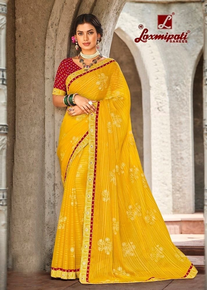 Mustard Color Stone Work Brasso Printed Saree With Fancy Border And Fancy Blouse Piece