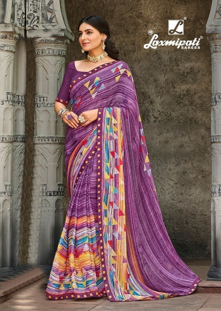 Multicolor Color Foil Print Georgette Satin Patta Saree With Fancy Border And Fancy Blouse Piece - Sarees | Buy online on ZillyBuy