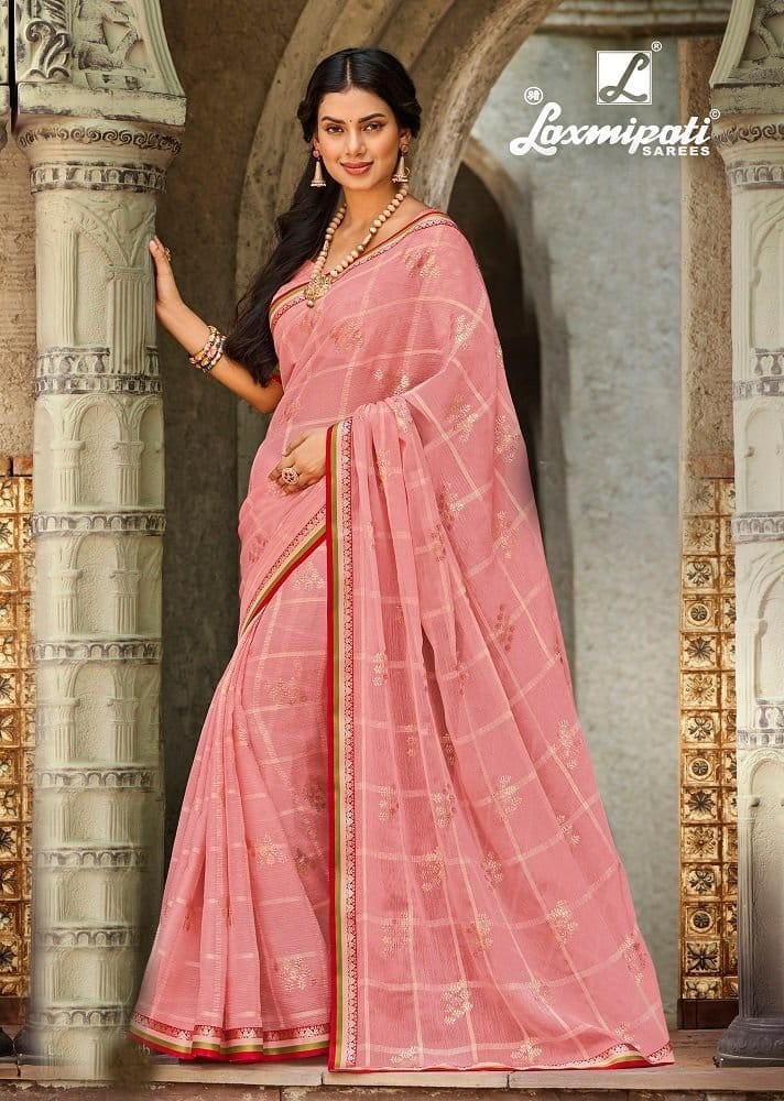 Pink Color Checks Foil Print Chiffon Saree With Fancy Border And Fancy Blouse Piece