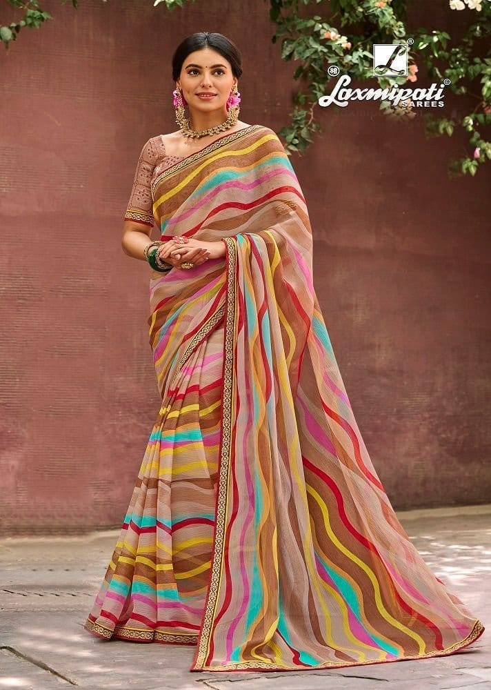 Multicolor Color Sparkle Chiffon Saree With Fancy Border And Fancy Blouse Piece - Sarees | Buy online on ZillyBuy