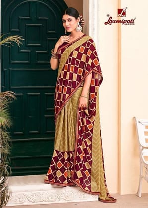 Digital Printed Georgette Saree in Beige