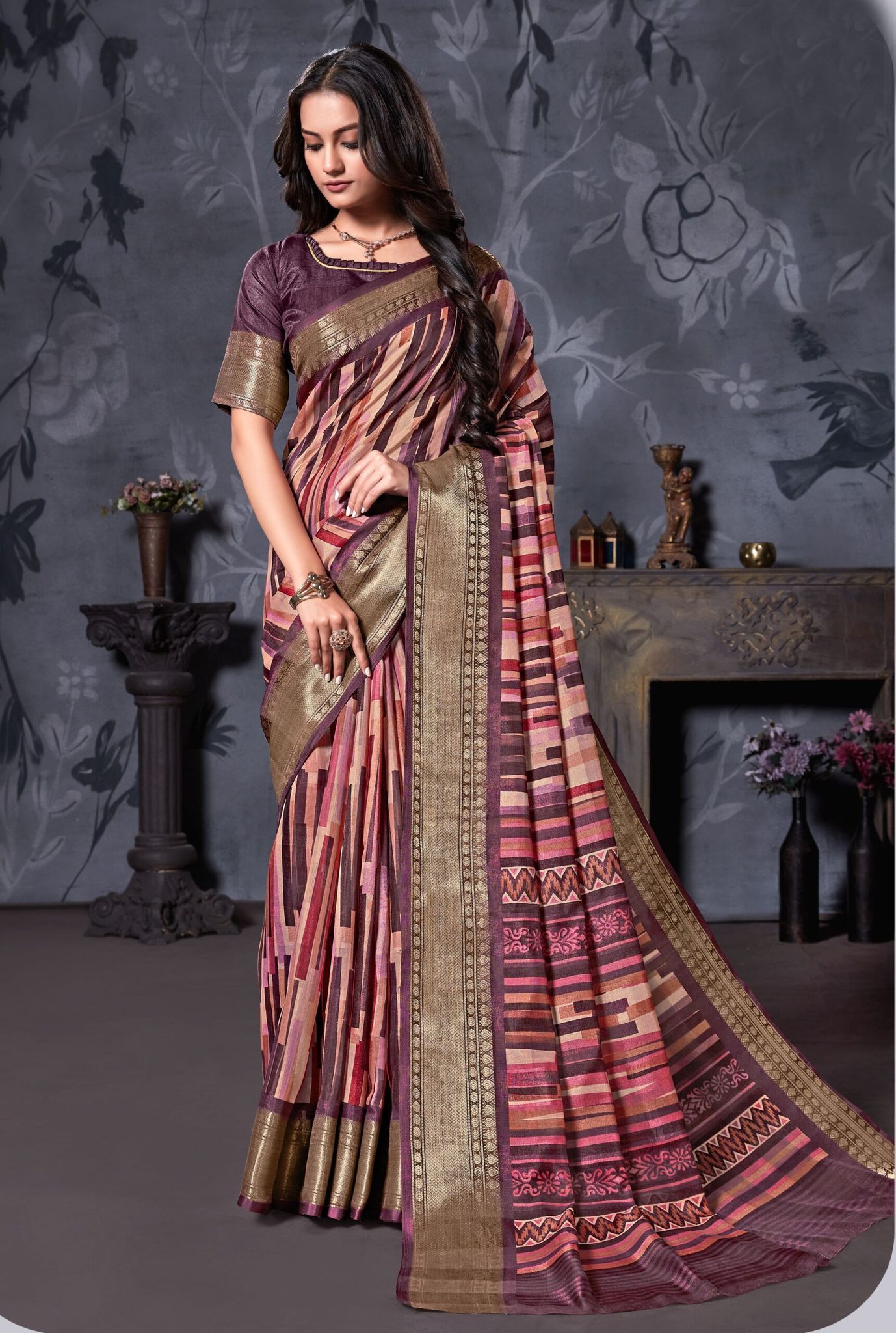 Multicolor Cotton Linen Saree with Contrast Blouse Piece and Zari Border