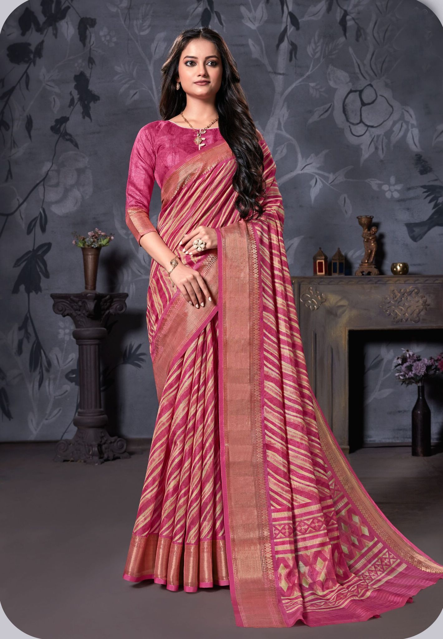 Multicolor Cotton Linen Saree with Contrast Blouse Piece and Zari Border