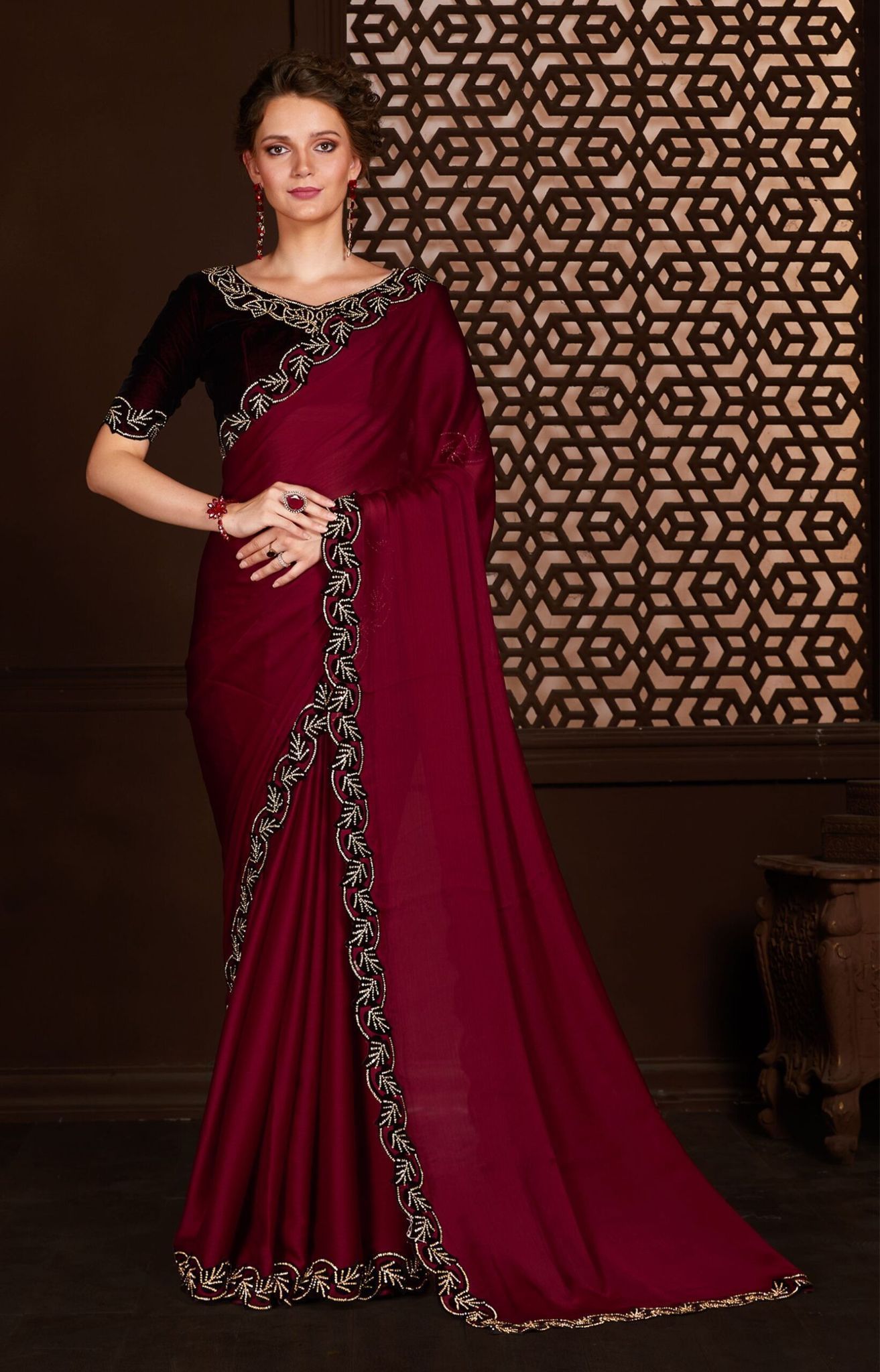 Red Color Satin Chiffon Fabric Saree with stone work on the Border and Blouse