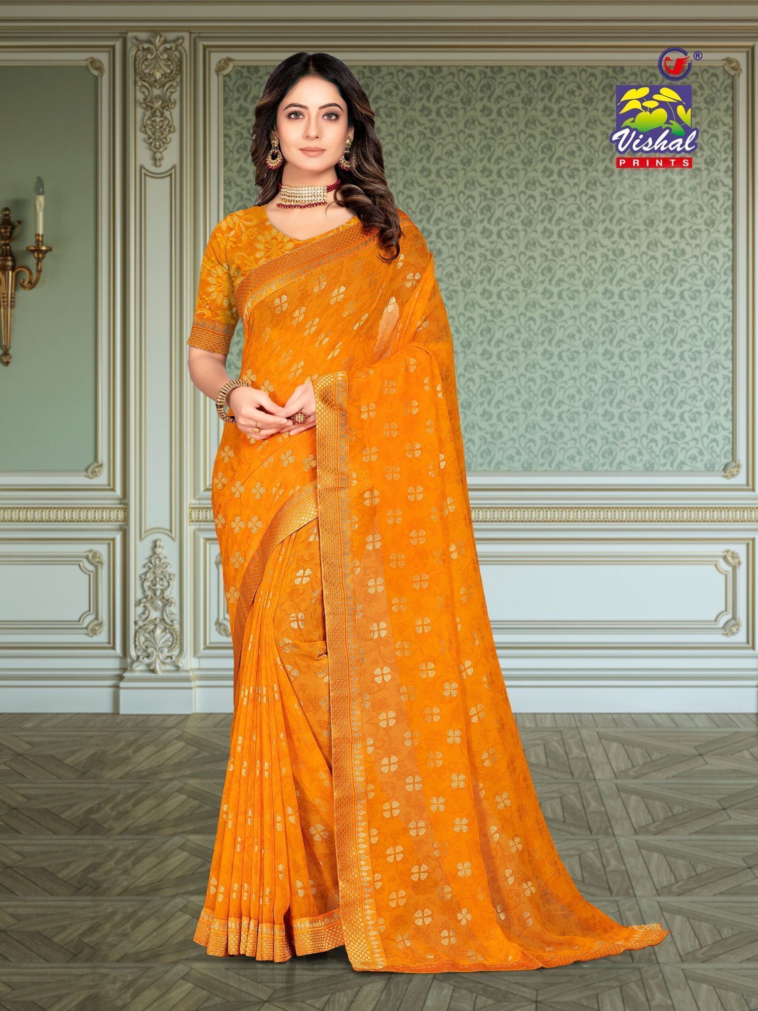 Mustard Color Foil Print Georgette Saree With Fancy Foil Print Lace Border And Fancy Foil Print Blouse Piece