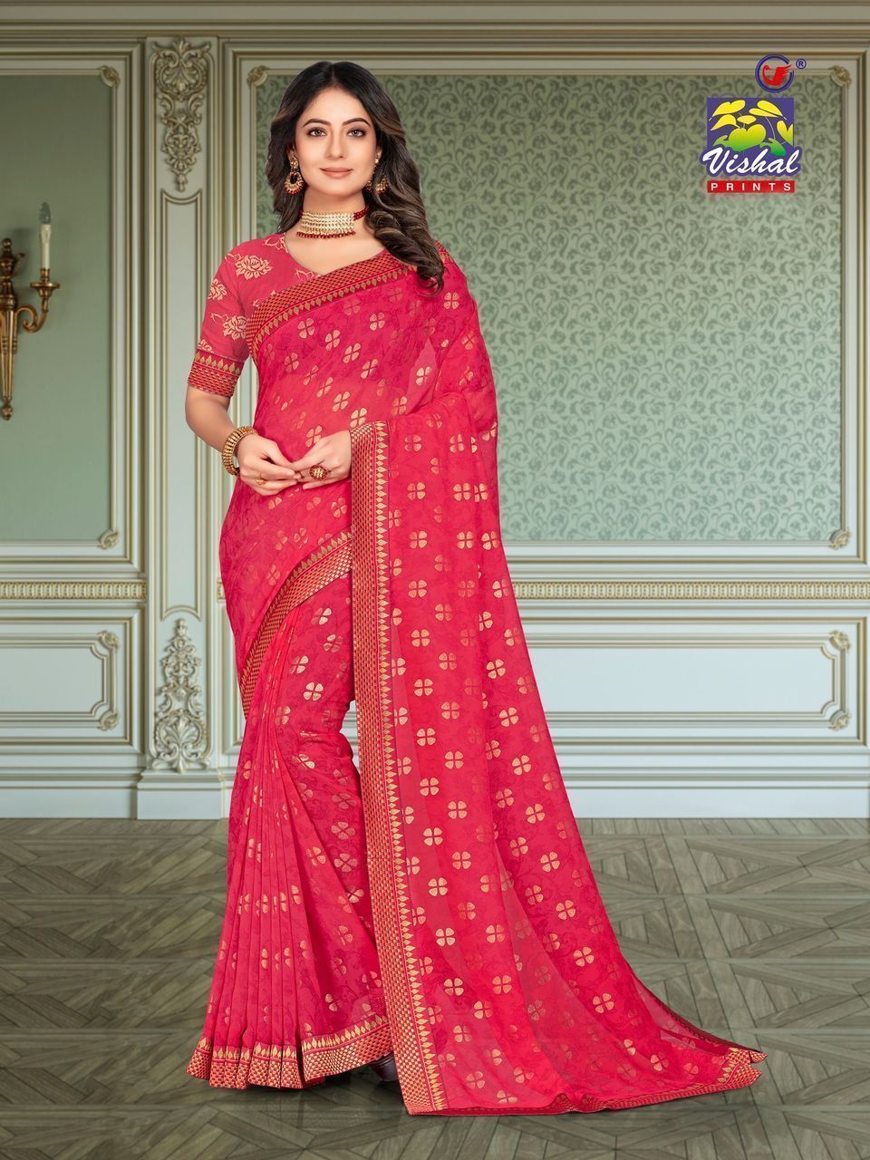 Green Color Foil Print Georgette Saree With Fancy Foil Print Lace Border And Fancy Foil Print Blouse Piece