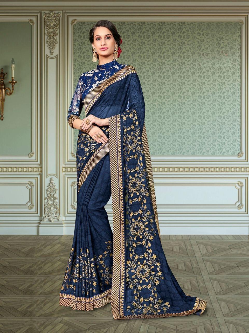 Turquoise Color Foil Print Georgette Saree With Fancy Foil Print Lace Border And Fancy Foil Print Blouse Piece