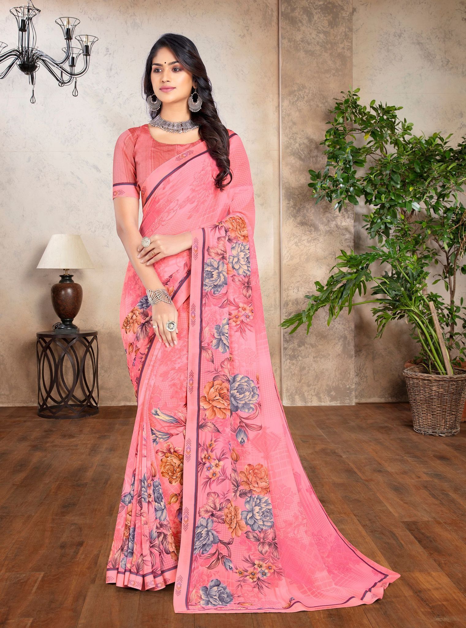 Multicolor Color Georgette Fabric Printed Saree With Fancy Border And Fancy Blouse Piece