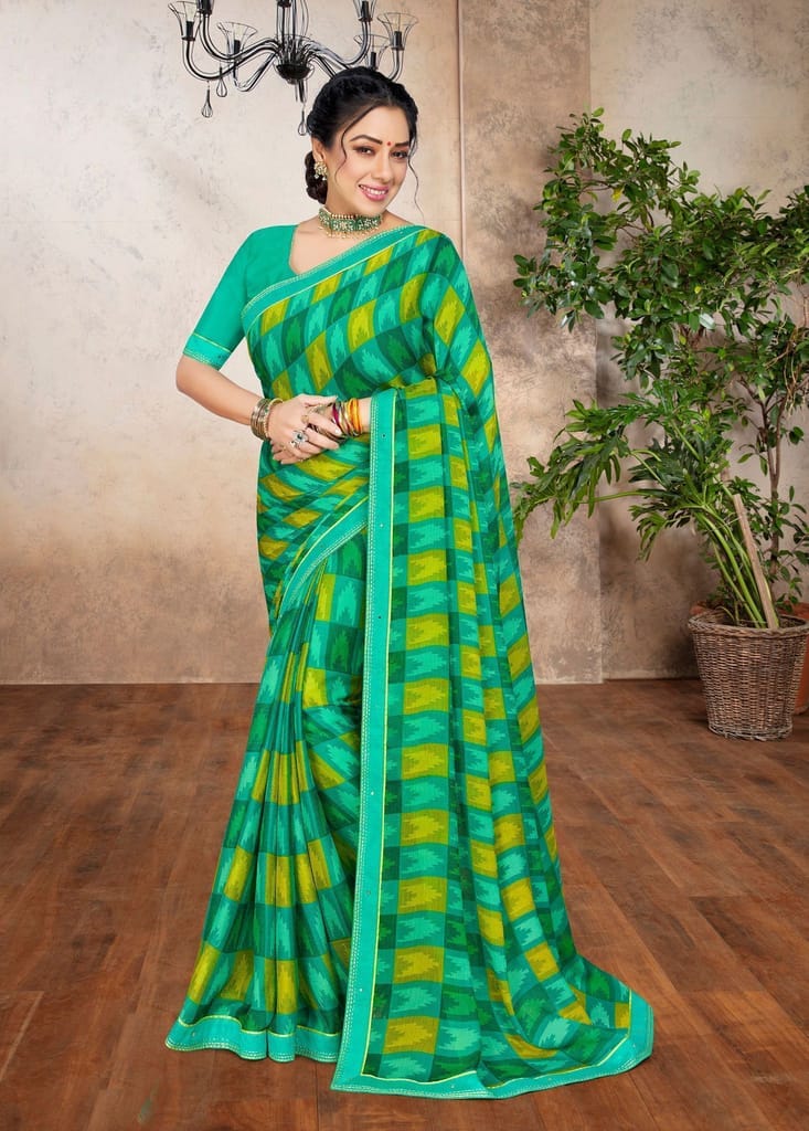 Multicolor Chiffon Fabric Printed Saree With Fancy Border And Fancy Blouse Piece - Sarees | Buy online on ZillyBuy