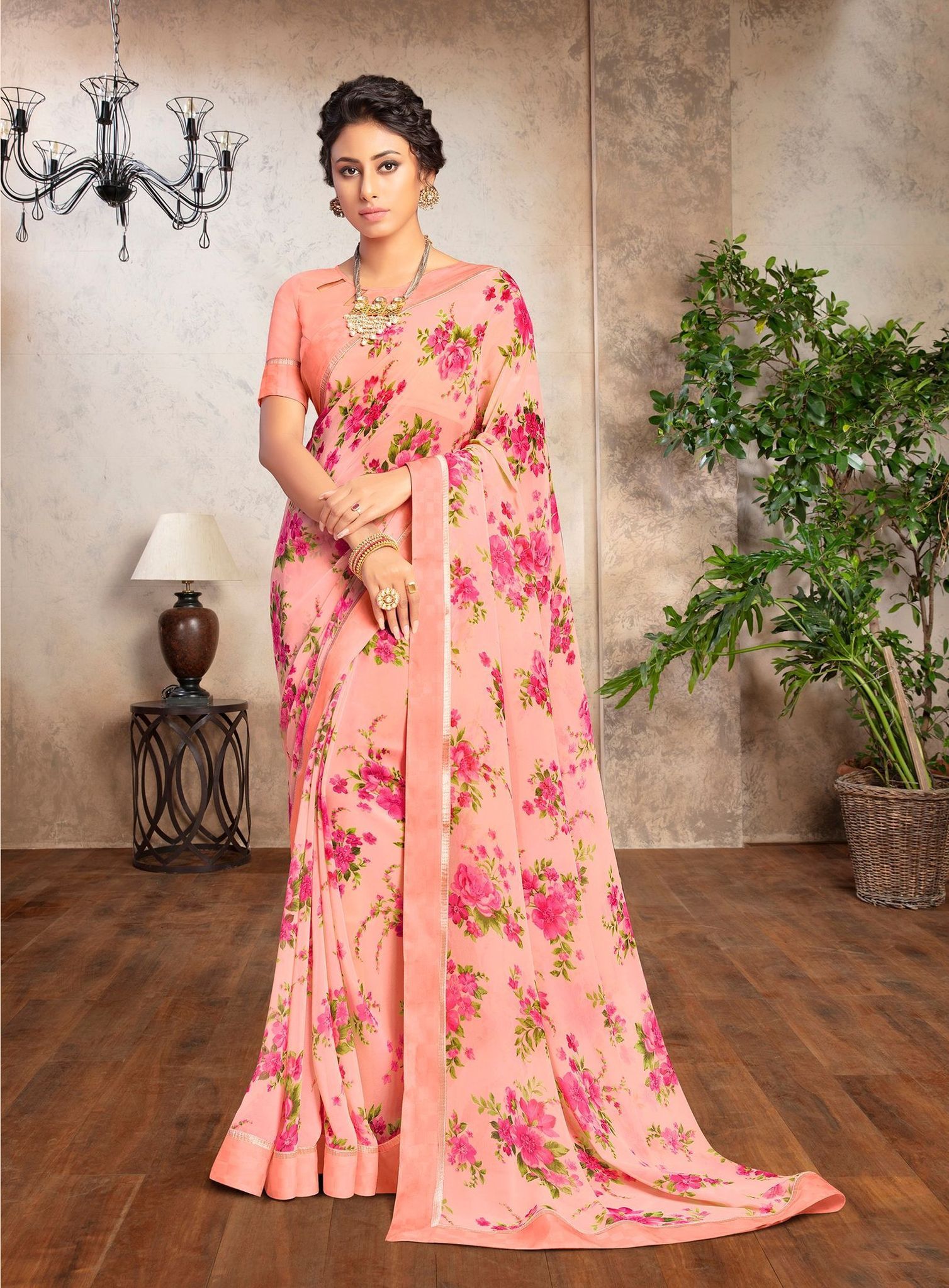 Peach Color Georgette Fabric Printed Saree With Fancy Border And Fancy Blouse Piece