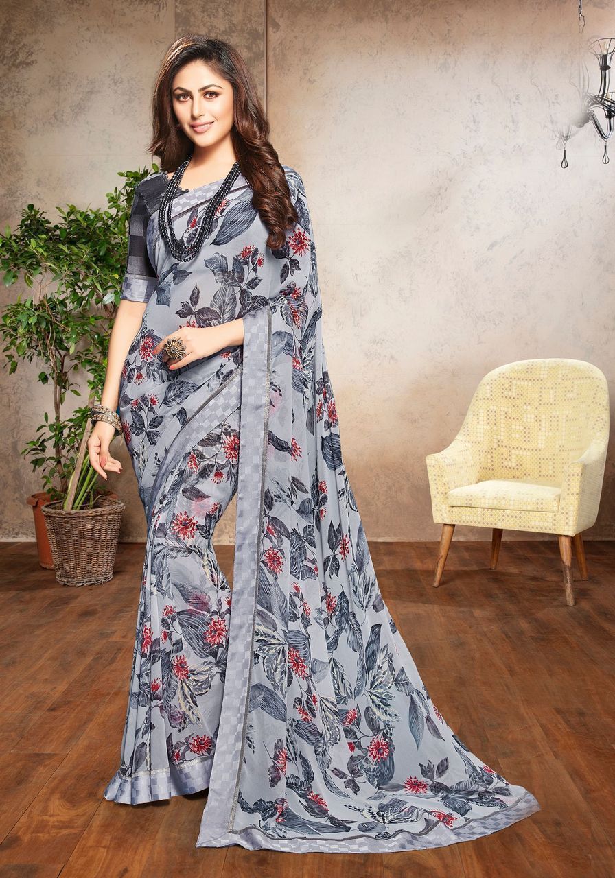 Multicolor Floral Print Color Georgette Fabric Printed Saree With Fancy Border And Fancy Blouse Piece
