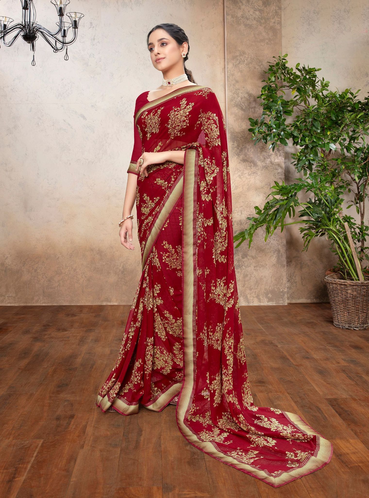 Red Color Georgette Fabric Printed Saree With Fancy Border And Fancy Blouse Piece