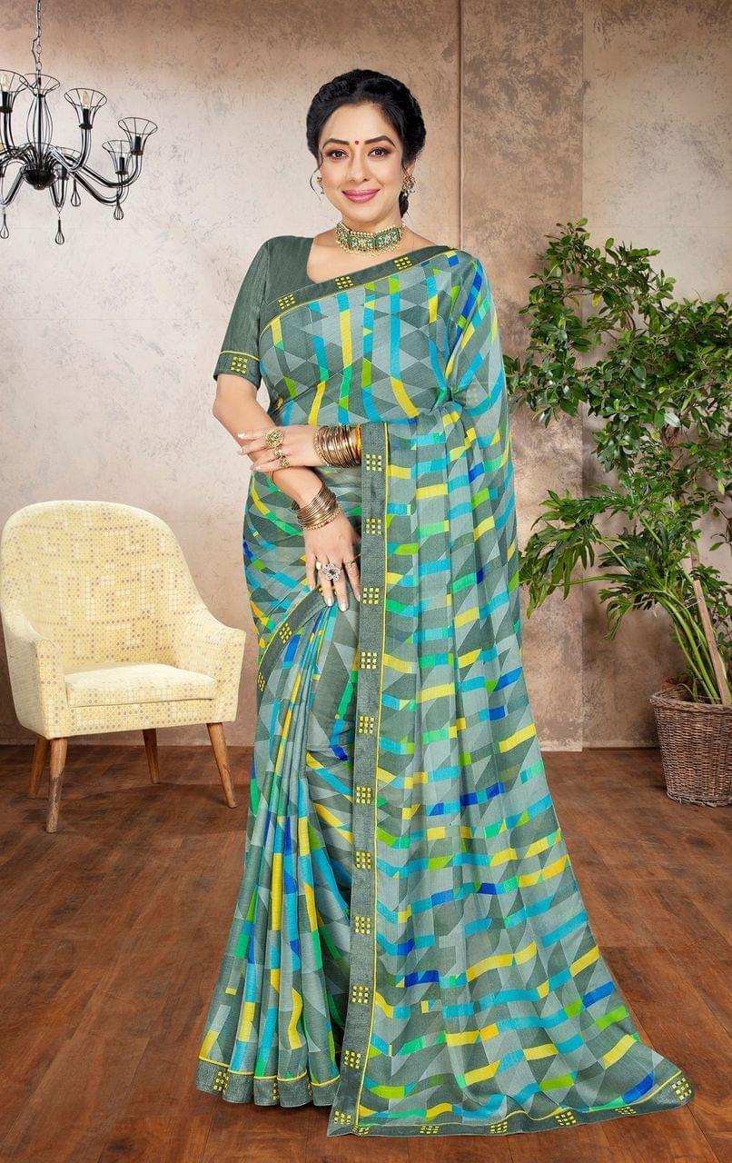 Multicolor Chiffon Fabric Printed Saree With Fancy Border And Fancy Blouse Piece