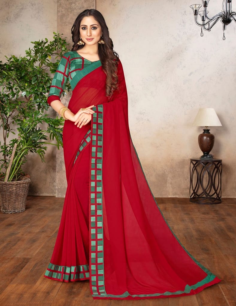 Red Color Georgette Fabric Printed Saree With Fancy Border And Fancy Blouse Piece - Sarees | Buy online on ZillyBuy