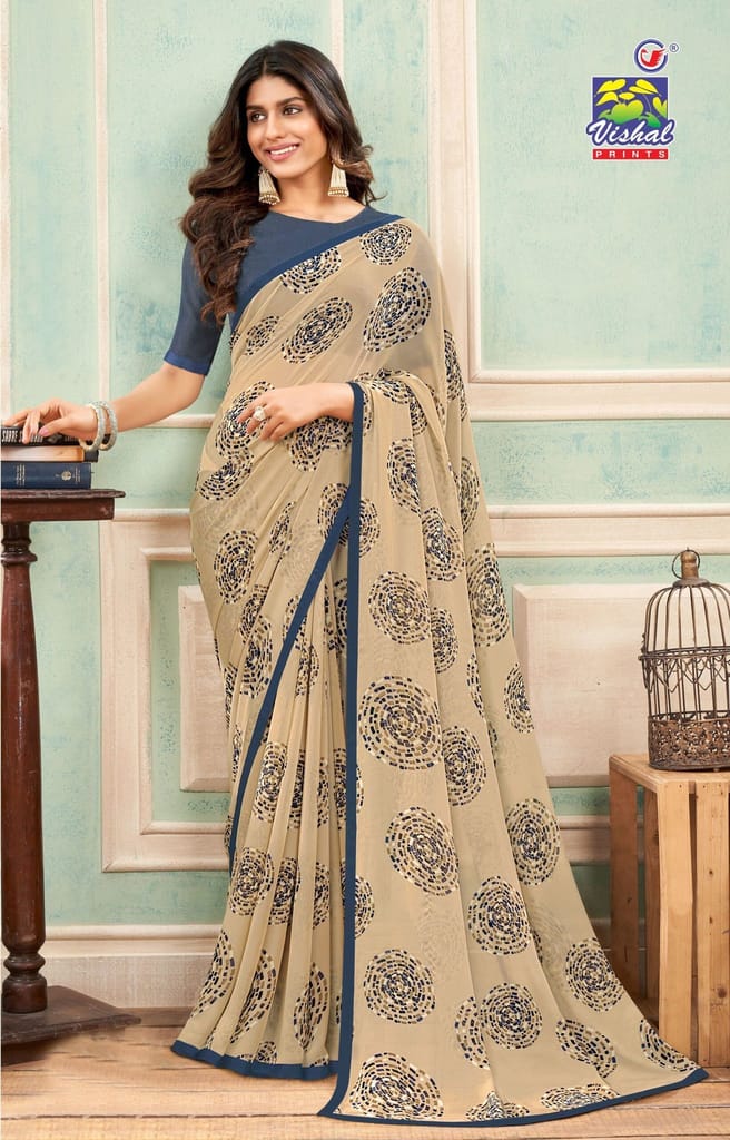 Off White Color Georgette Printed Saree With Attached Work Border And Fancy Printed Blouse Piece - Sarees | Buy online on ZillyBuy