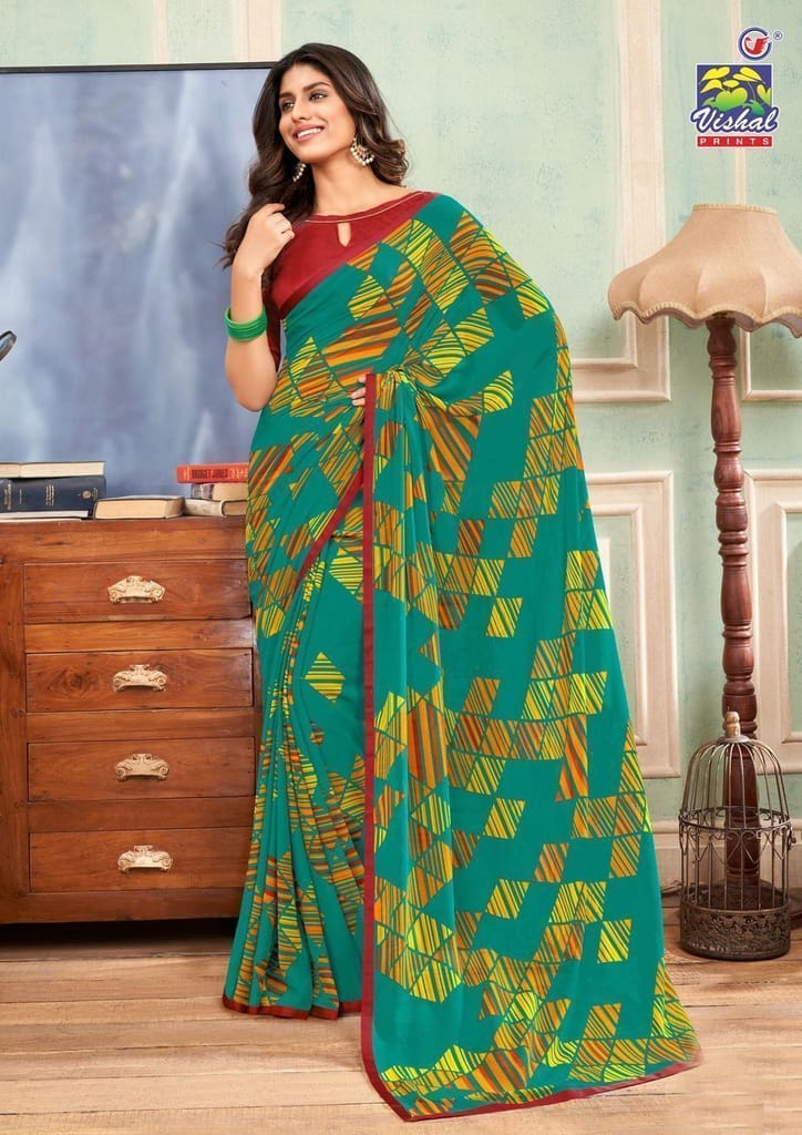 Multicolor Color Georgette Printed Saree With Attached Work Border And Fancy Printed Blouse Piece - Sarees | Buy online on ZillyBuy