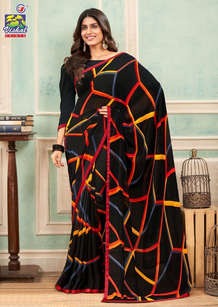 Black Color Georgette Printed Saree With Attached Work Border And Fancy Printed Blouse Piece - Sarees | Buy online on ZillyBuy