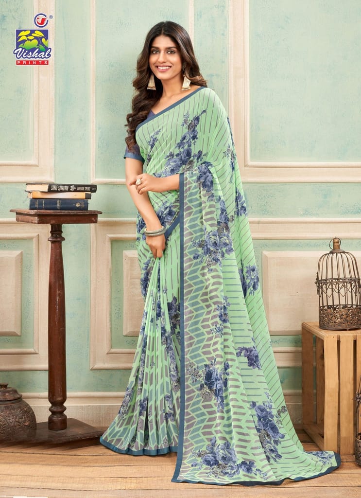 Green Color Georgette Printed Saree With Attached Work Border And Fancy Printed Blouse Piece - Sarees | Buy online on ZillyBuy