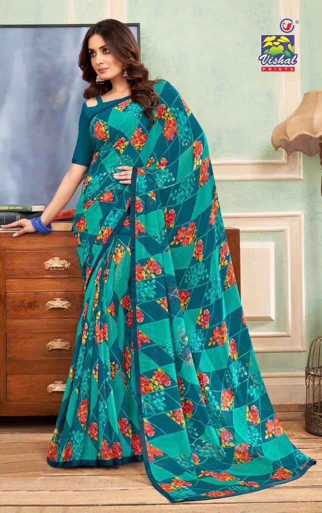 Multicolor Color Georgette Printed Saree With Attached Work Border And Fancy Printed Blouse Piece - Sarees | Buy online on ZillyBuy