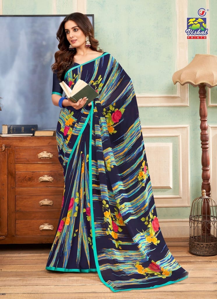 Multicolor Color Georgette Printed Saree With Attached Work Border And Fancy Printed Blouse Piece - Sarees | Buy online on ZillyBuy