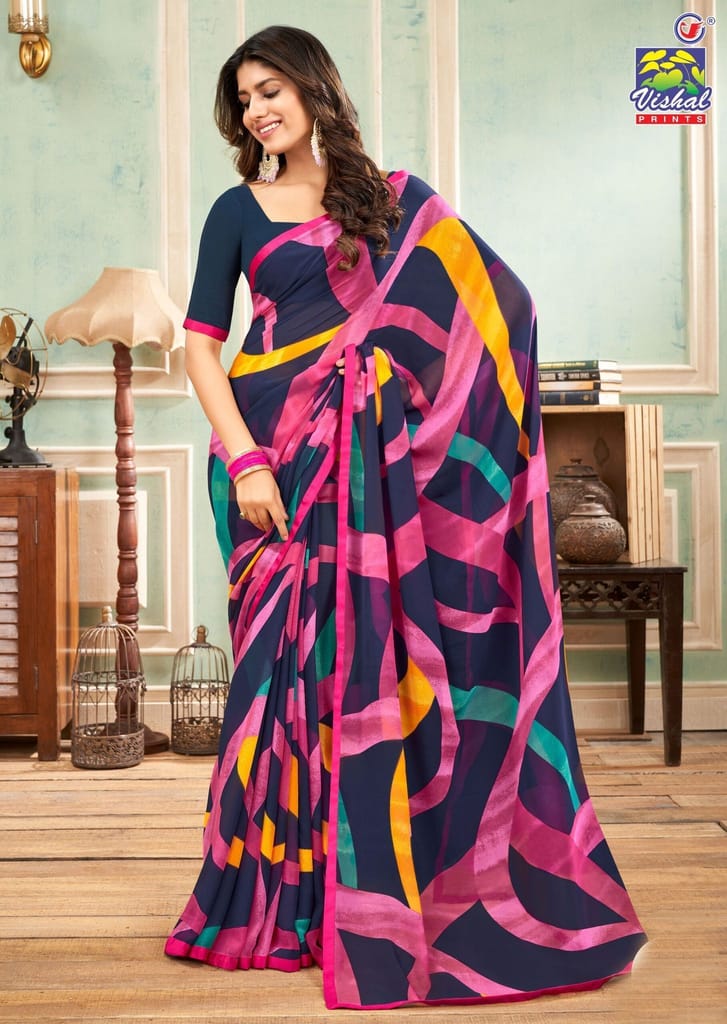 Multicolor Color Georgette Printed Saree With Attached Work Border And Fancy Printed Blouse Piece - Sarees | Buy online on ZillyBuy